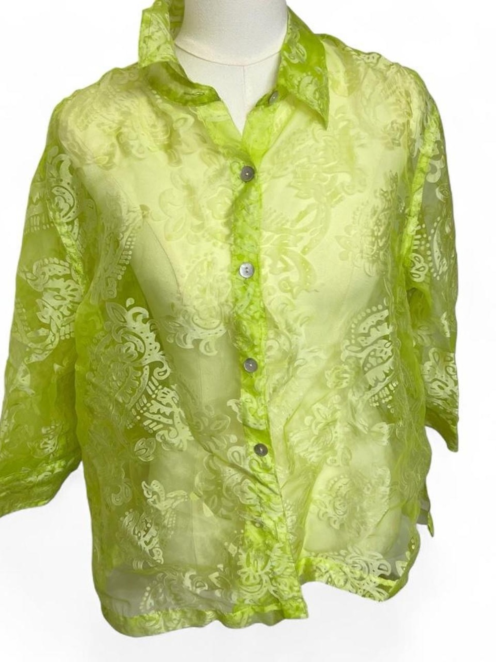 Bright green sheer blouse button up collared paisley pattern spring coverup y2k